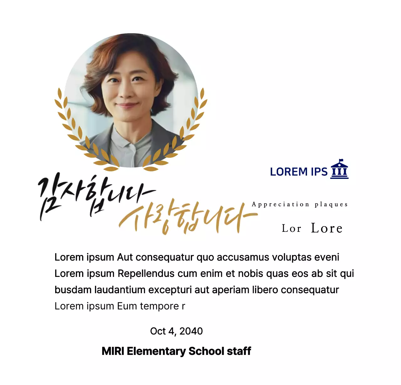 Plakat ucapan terima kasih yang tampak berkelas dengan karangan bunga laurel dan foto melingkar serta kaligrafi.