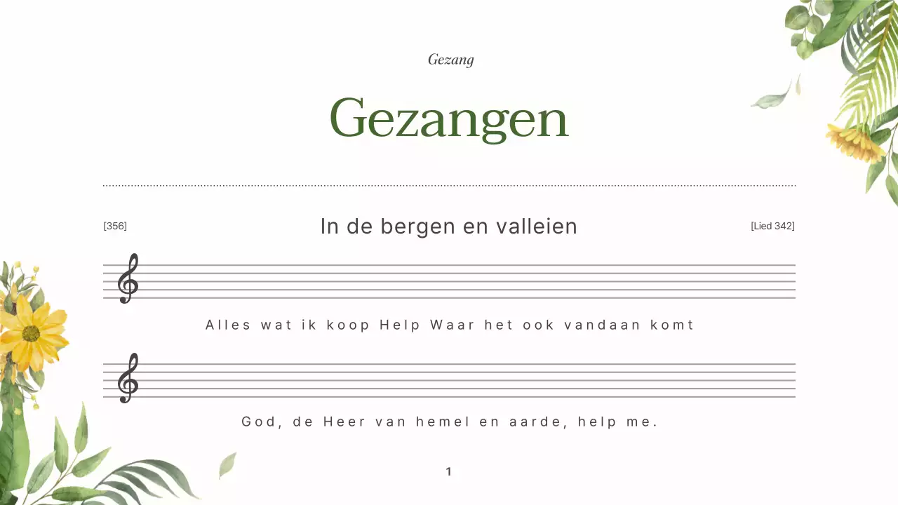 Een eenvoudige groen met gele servicegids voor de Botanische Kerk