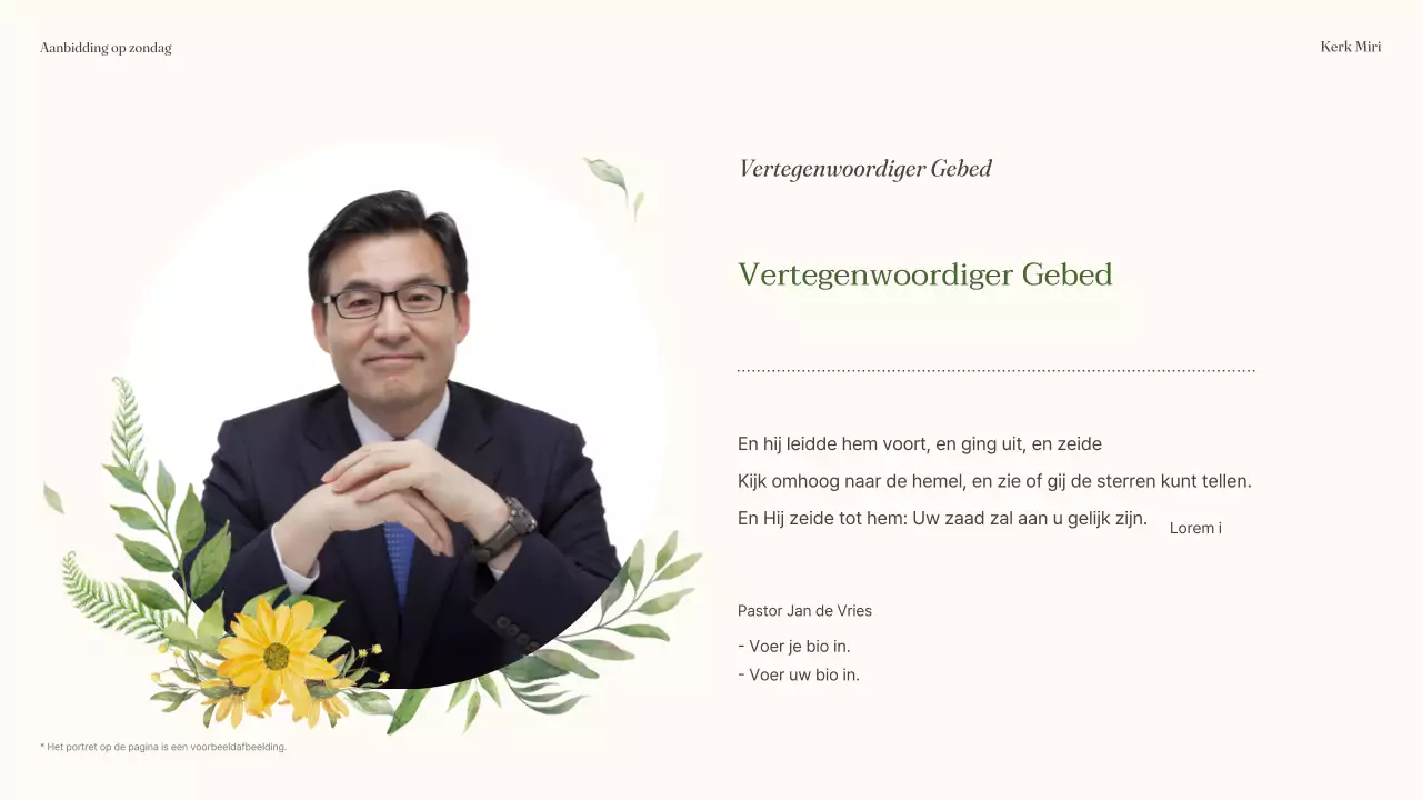 Een eenvoudige groen met gele servicegids voor de Botanische Kerk
