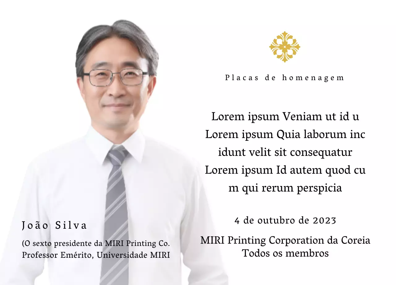 Placa comemorativa com ilustrações e fotografias de luxo