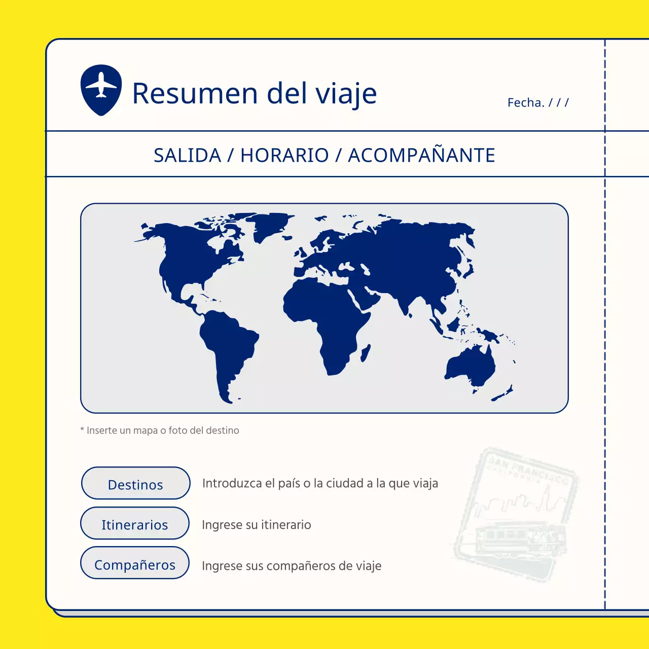 Un sencillo planificador de viajes amarillo y azul marino
