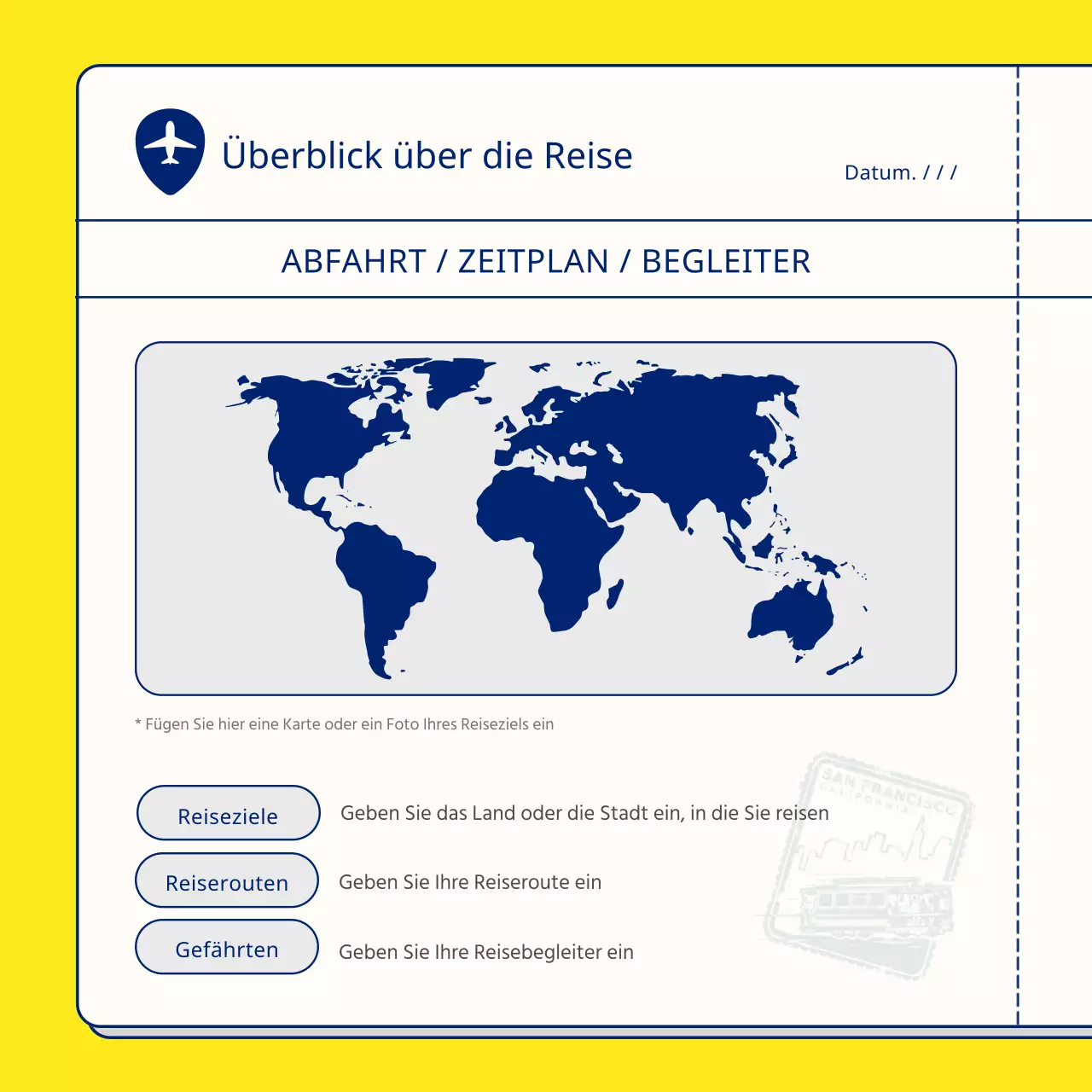 Ein einfacher Reiseplaner in Gelb und Marineblau