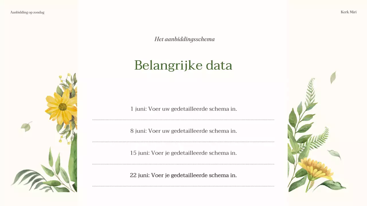 Een eenvoudige groen met gele servicegids voor de Botanische Kerk