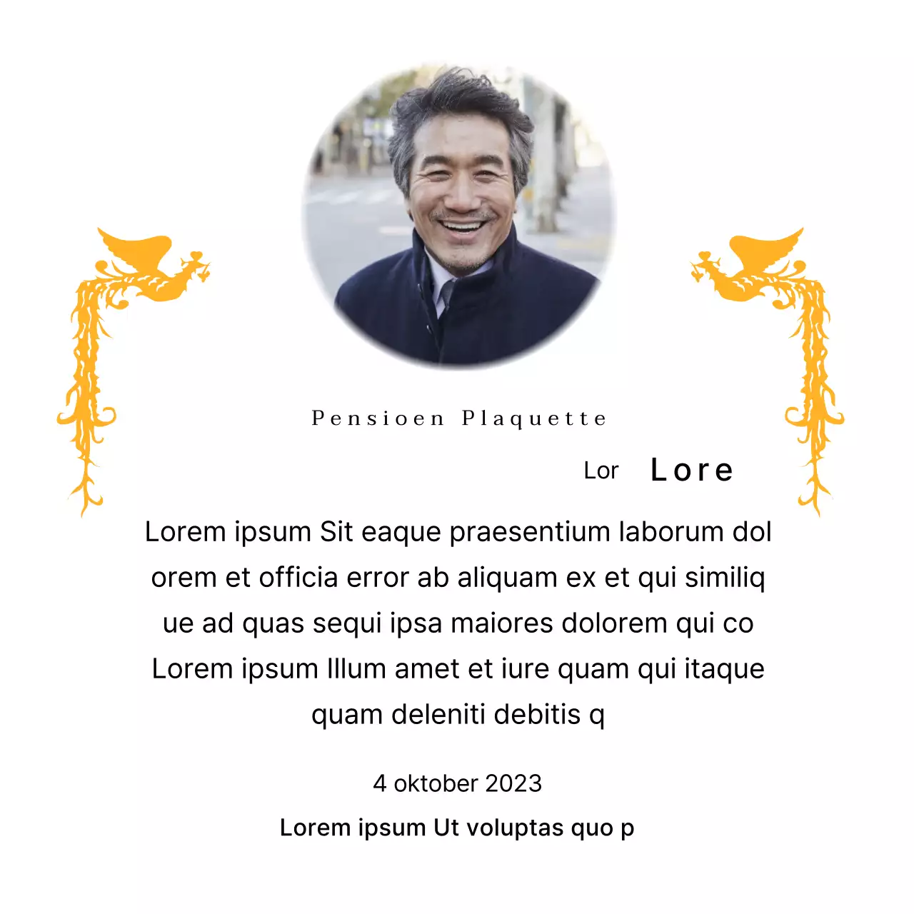 Een pensioenontwerp met een kleurrijke feniksillustratie en een cirkelvormige foto.