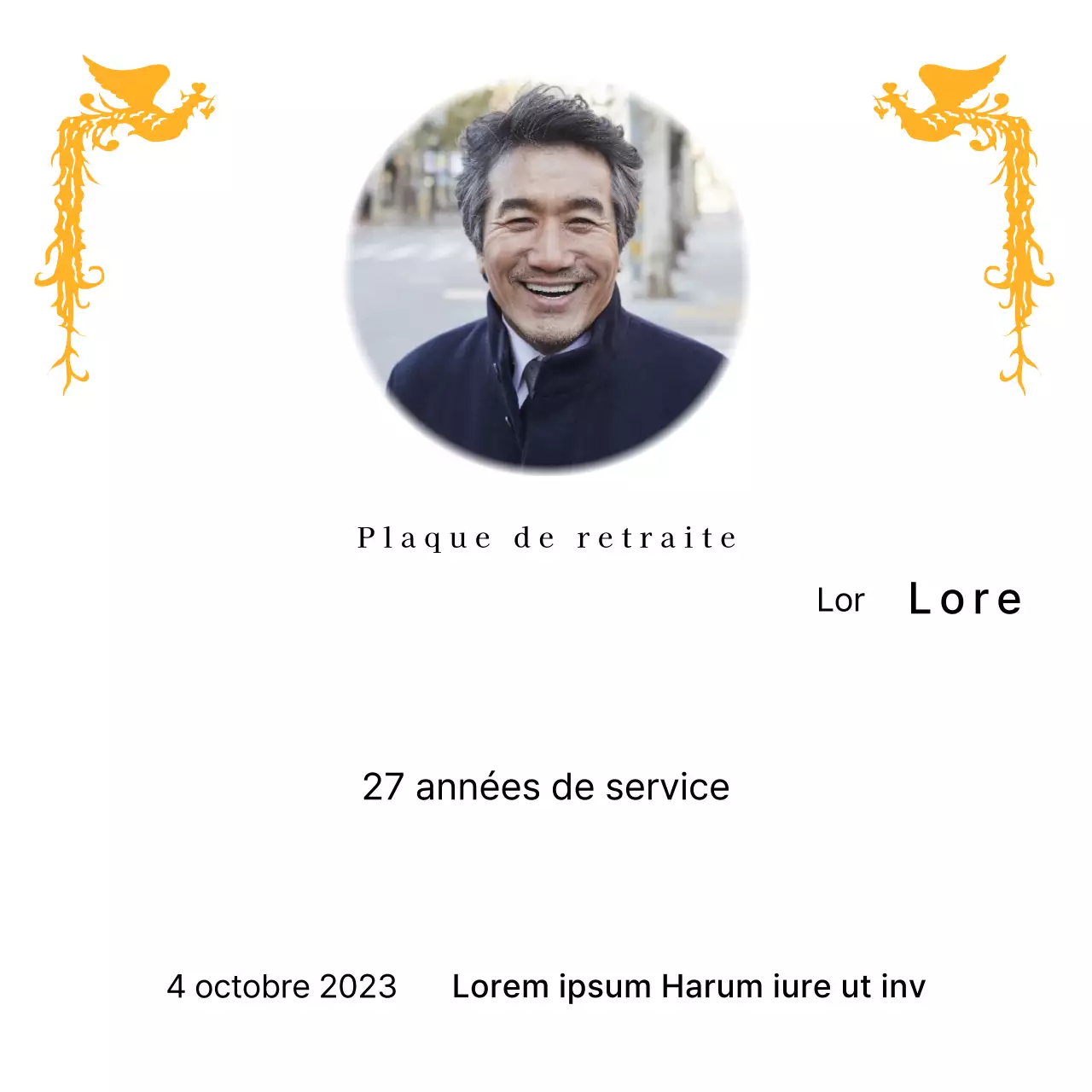 Une conception de retraite avec une illustration de phénix coloré et une photographie circulaire.