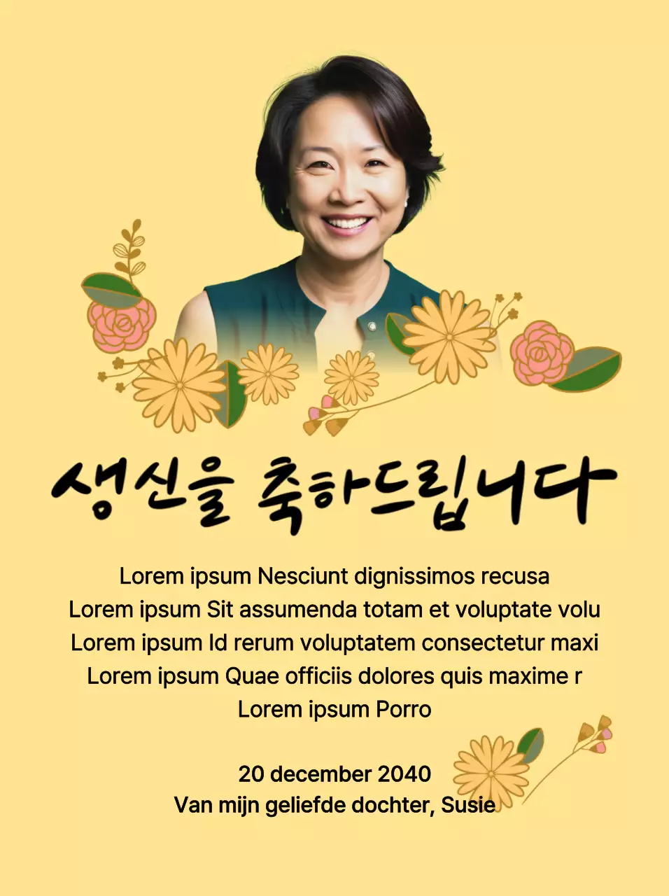 Gelukkige Verjaardag met een bloem en een foto van je ouders