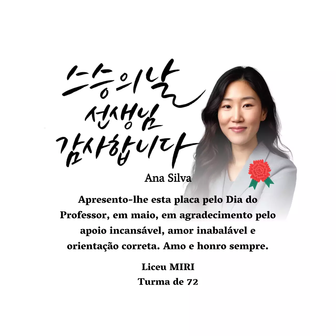 Uma nota de agradecimento colorida para o Dia do Professor com ilustração de cravos, caligrafia e fotografia