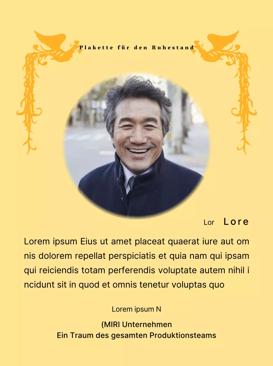 Ein Ruhestandsdesign mit einer farbenfrohen Phönix-Illustration und einem runden Foto.