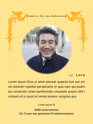 Ein Ruhestandsdesign mit einer farbenfrohen Phönix-Illustration und einem runden Foto.