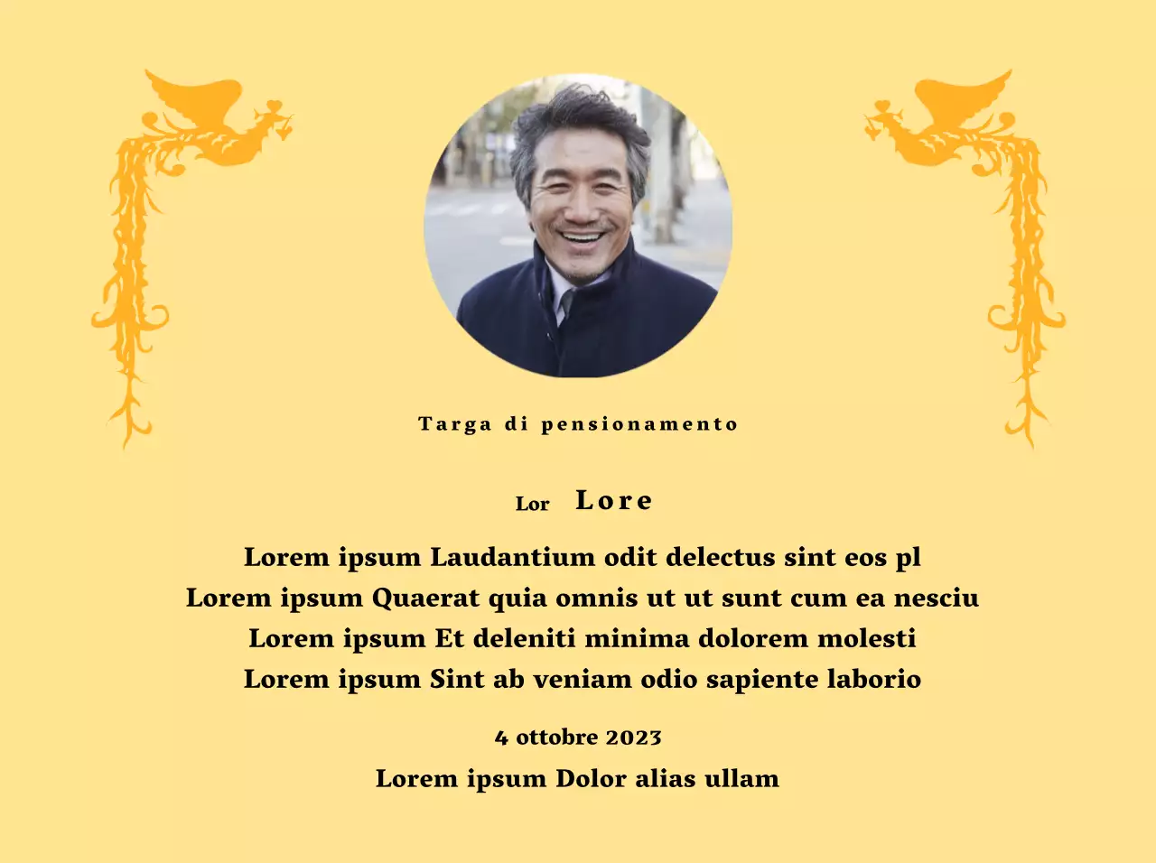 Un design per il pensionamento con un'illustrazione di una fenice colorata e una fotografia circolare.