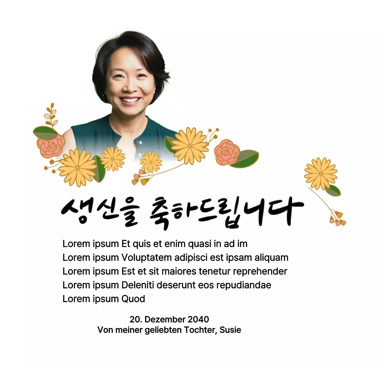 Happy Birthday mit einer Blume und einem Bild deiner Eltern