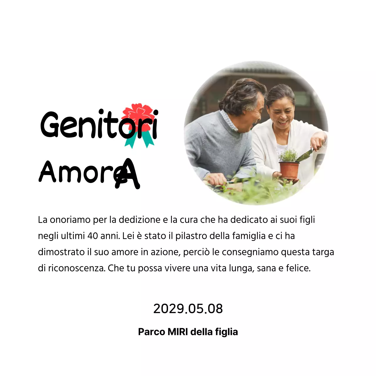 Una simpatica targa per la festa della mamma con un'illustrazione di garofani e una calligrafia con la vostra foto