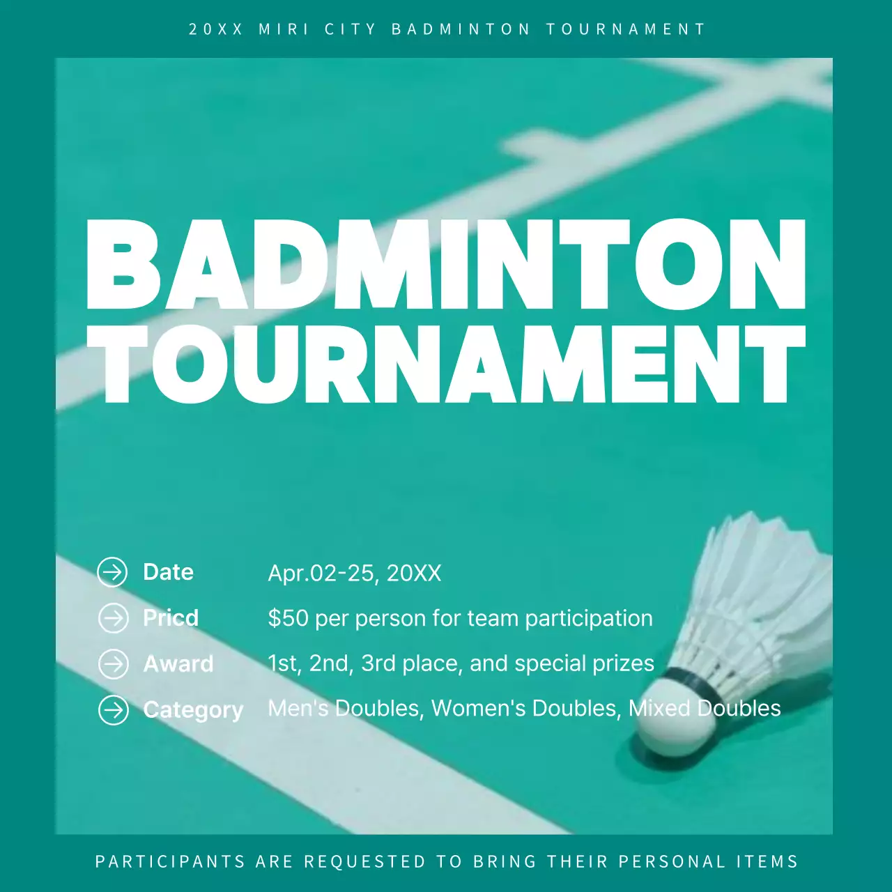 Teal Modern 배드민턴 이벤트 소셜 미디어 게시물