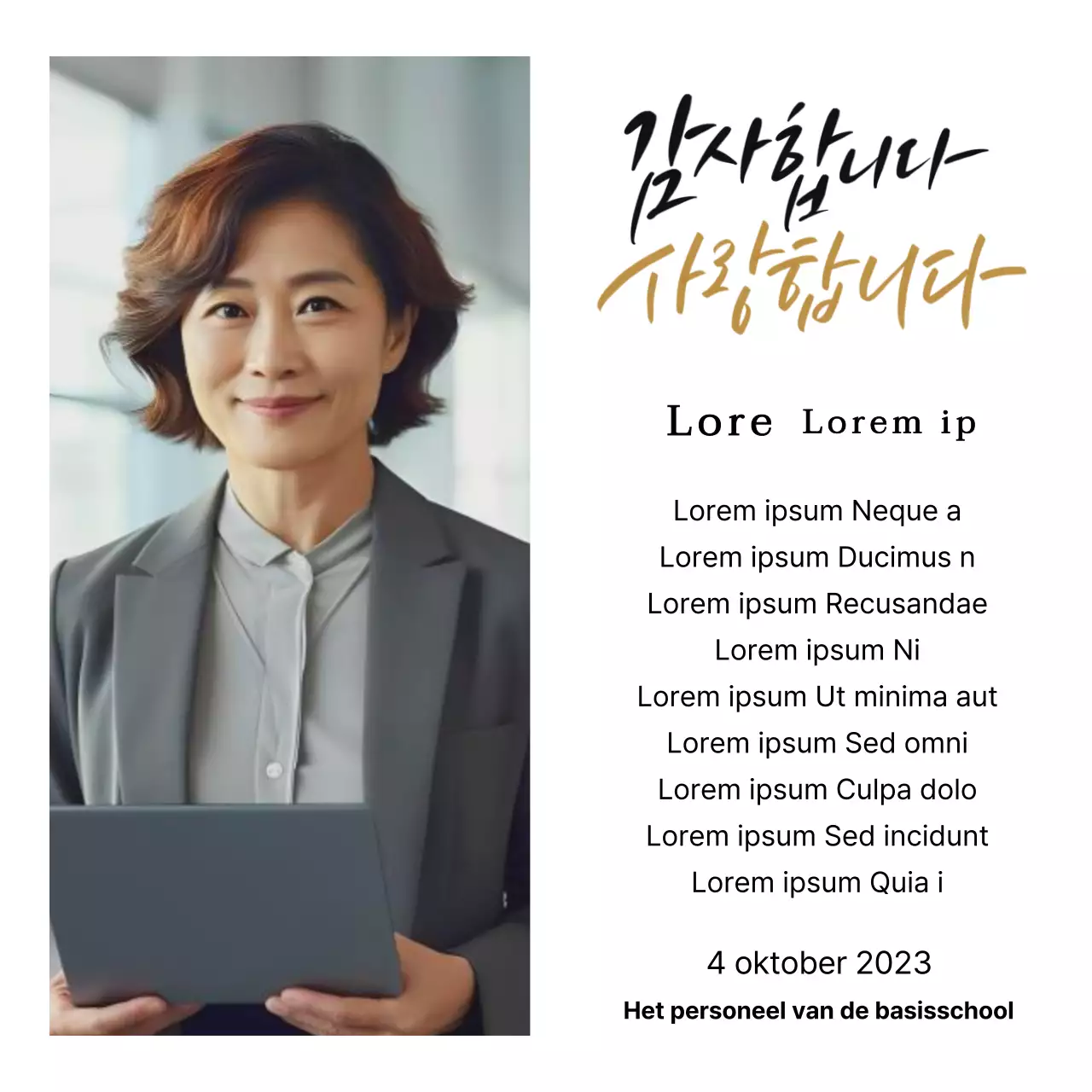 Een stijlvol ogend bedankbord met lauwerkransen en cirkelvormige foto en kalligrafie.