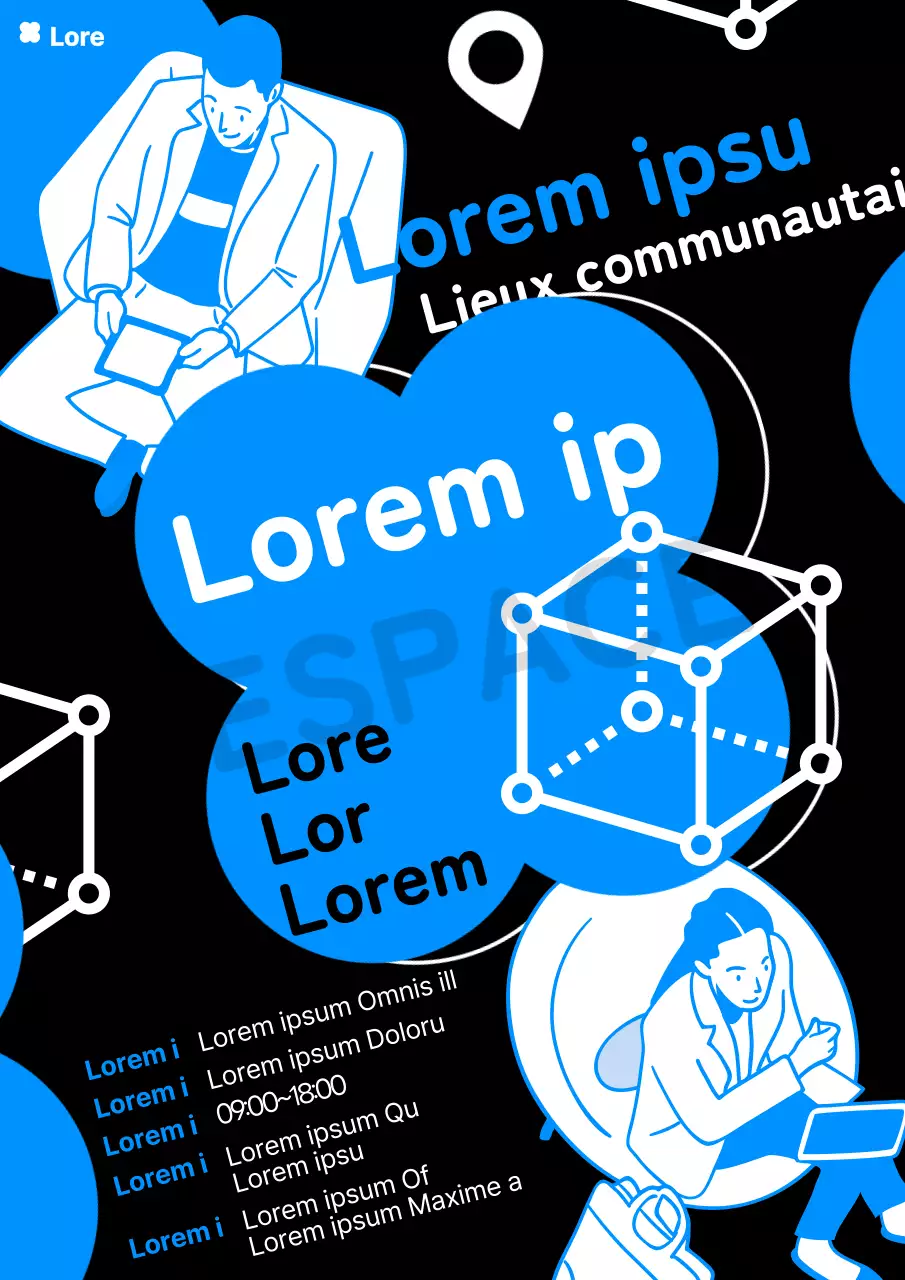 Une affiche de location de bureau colorée en noir et bleu.