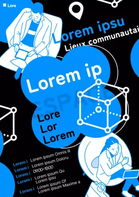 Une affiche de location de bureau colorée en noir et bleu.