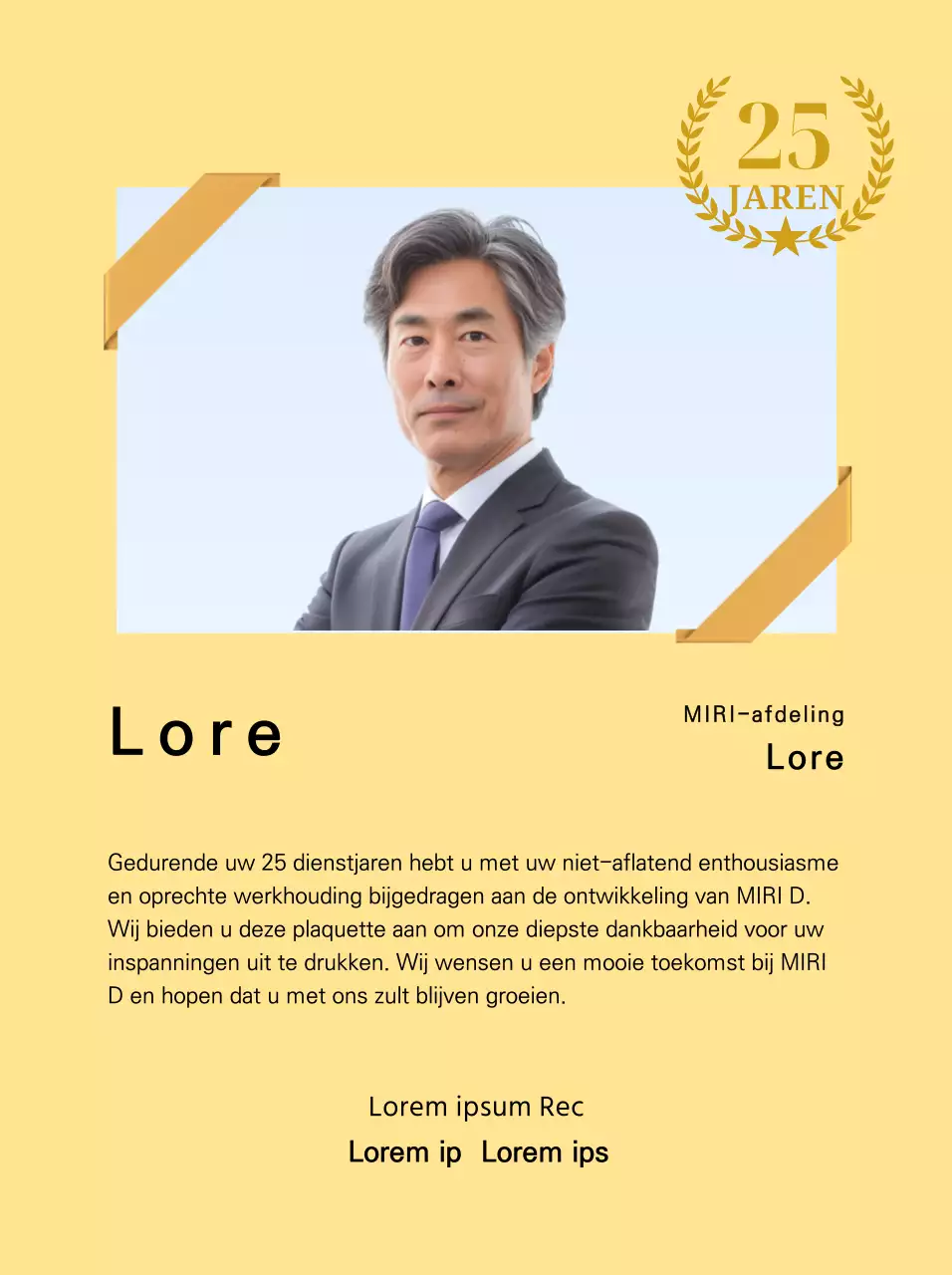 Een bedankontwerp met een vierkante foto met een gouden lint en een 25-jarig jubileummarkering