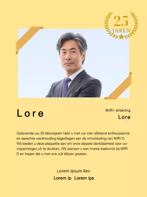 Een bedankontwerp met een vierkante foto met een gouden lint en een 25-jarig jubileummarkering