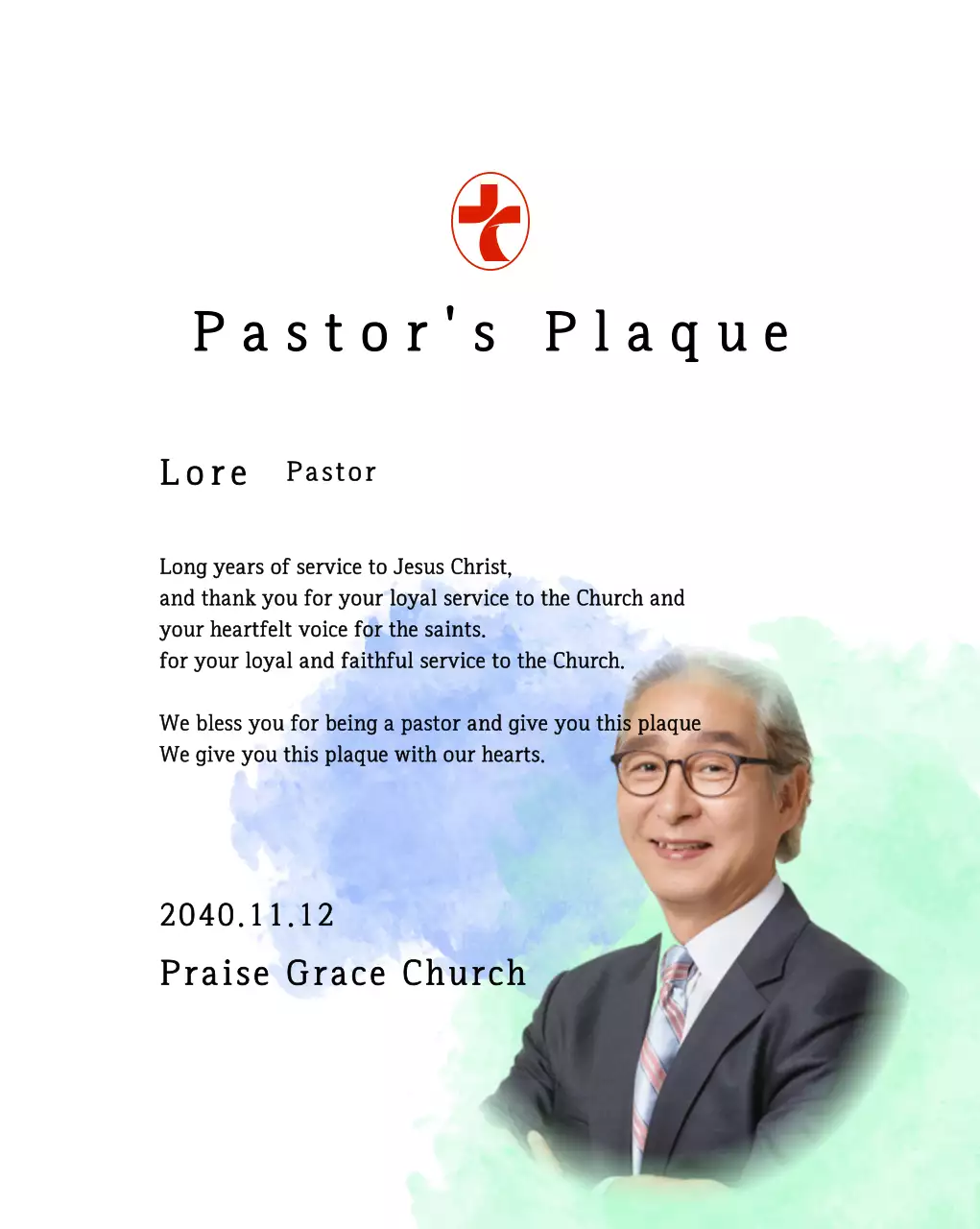 Plakat peresmian gereja yang lembut dengan latar belakang cat air gradien dan foto