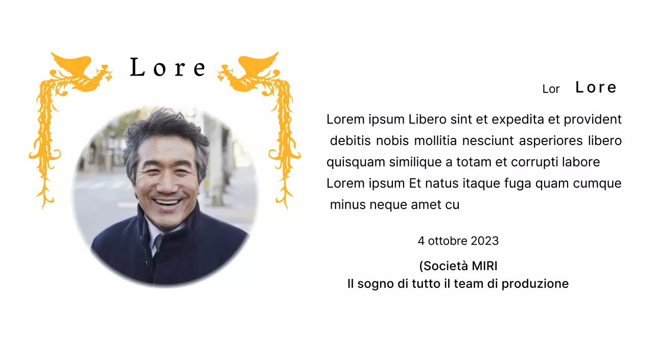 Un design per il pensionamento con un'illustrazione di una fenice colorata e una fotografia circolare.