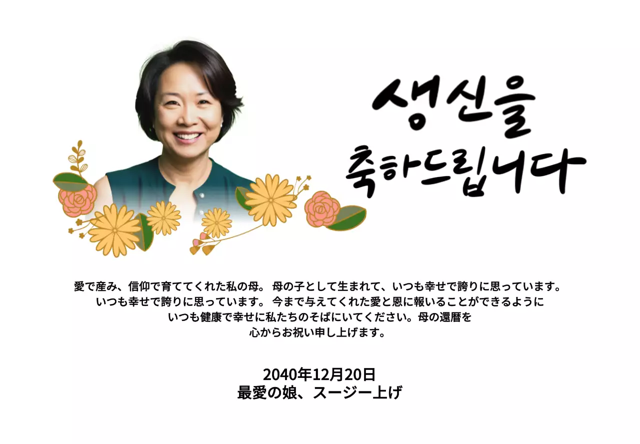 花の絵と両親の写真で誕生日祝いの記念