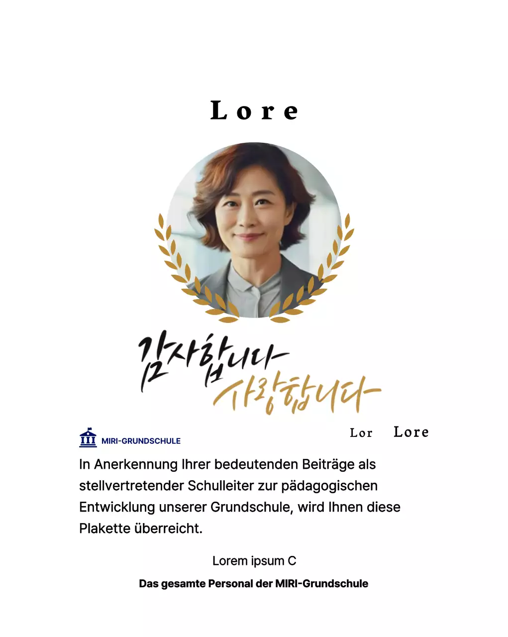 Eine stilvolle Danksagungstafel mit Lorbeerkranz, kreisförmigem Foto und Kalligraphie.