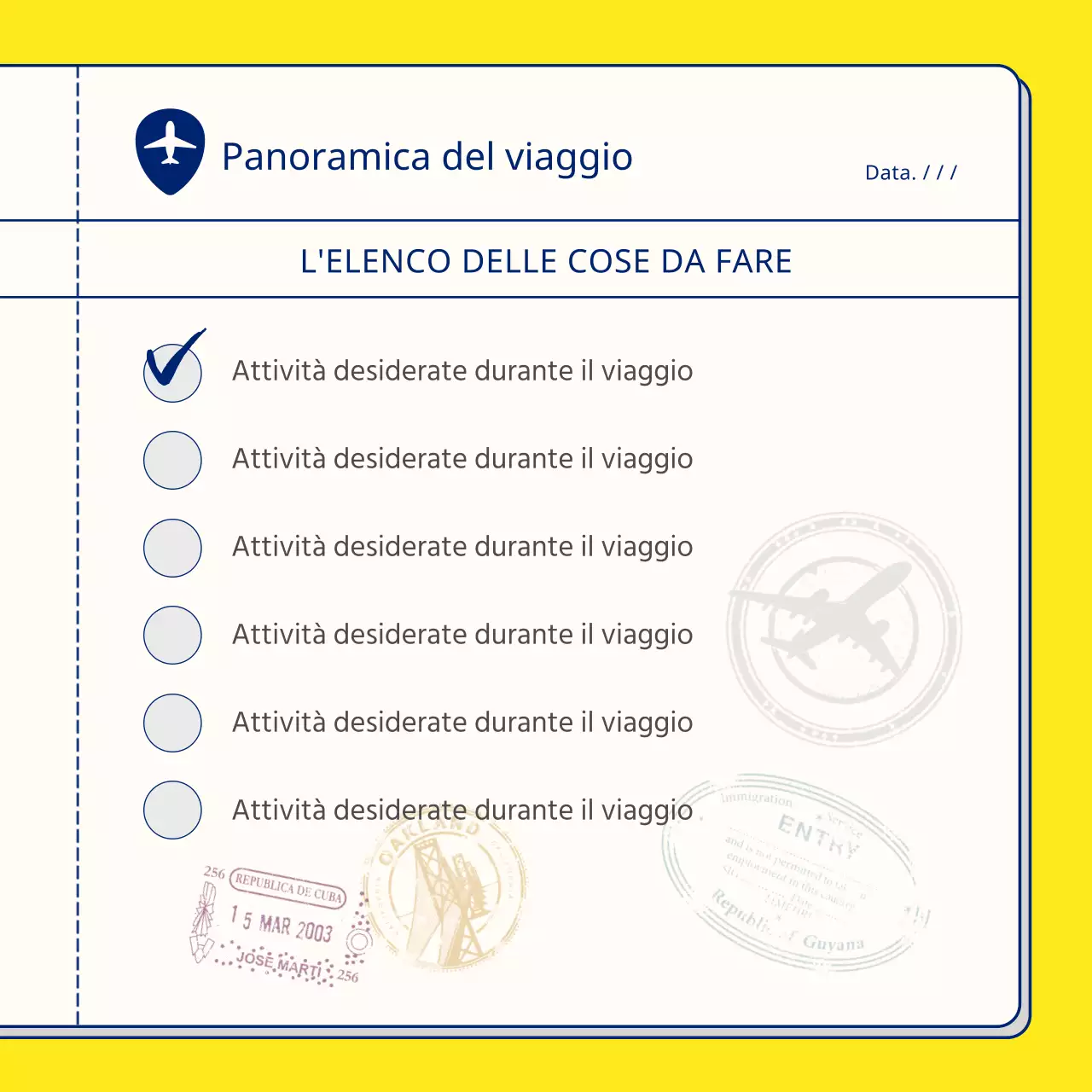 Un semplice planner da viaggio giallo e blu navy