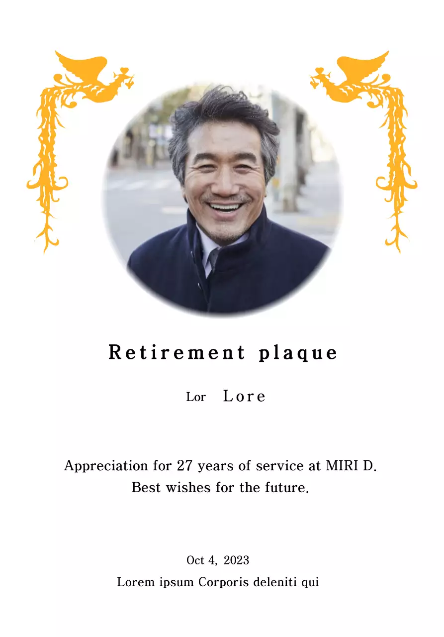 A retirement design with a colorful phoenix illustration and a circular photo.