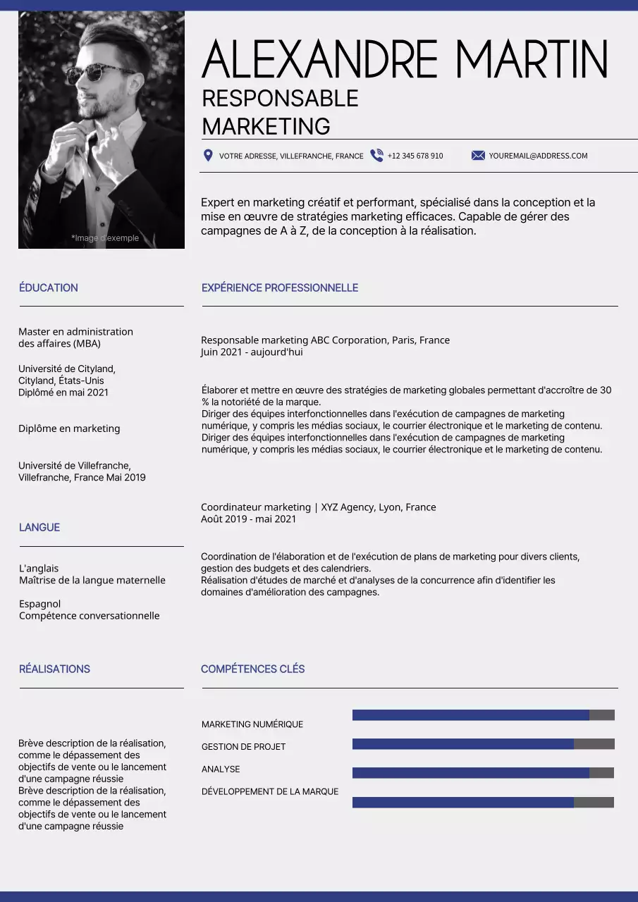 Portfolio gris et bleu du responsable marketing moderne