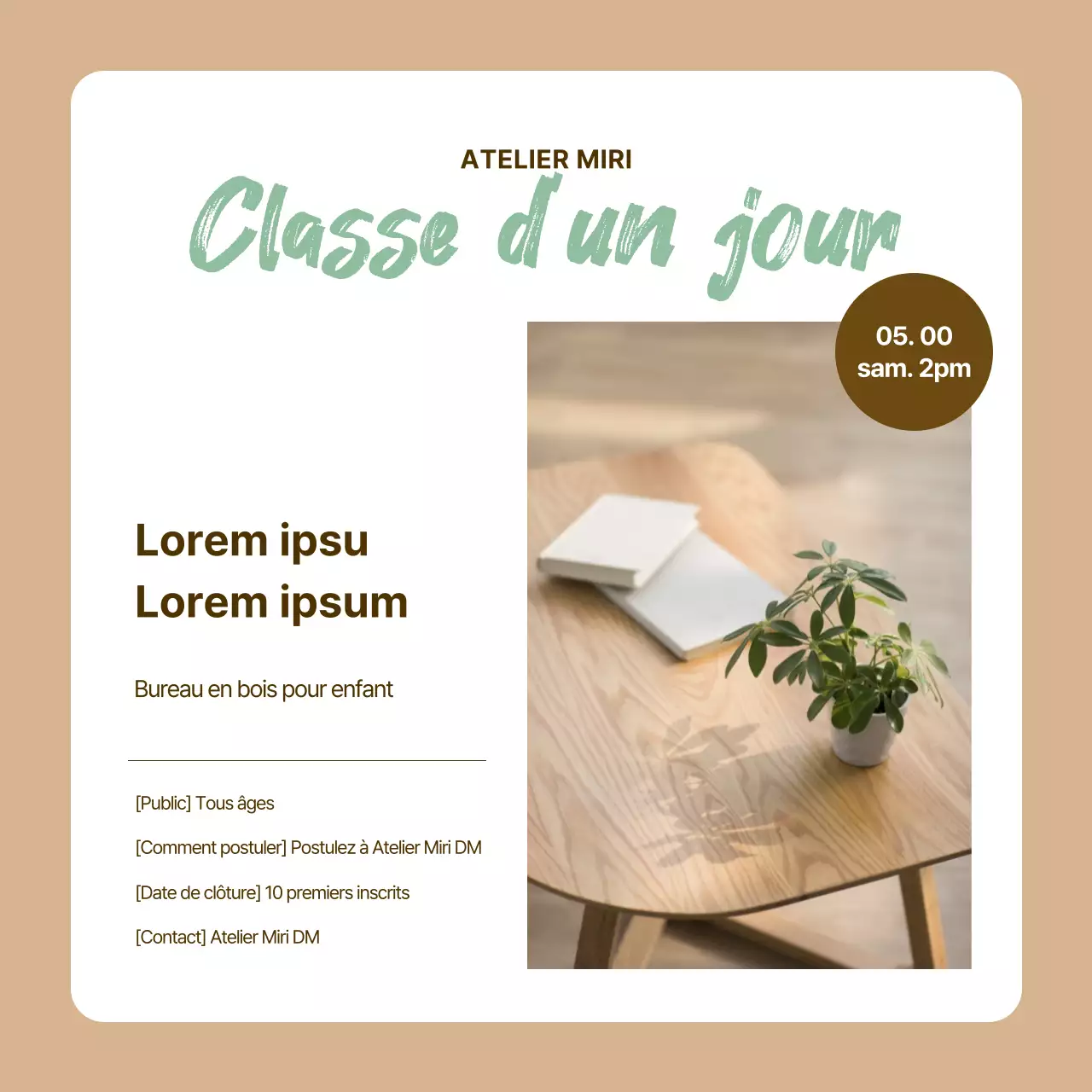 Un simple poste de promotion d'atelier beige et vert