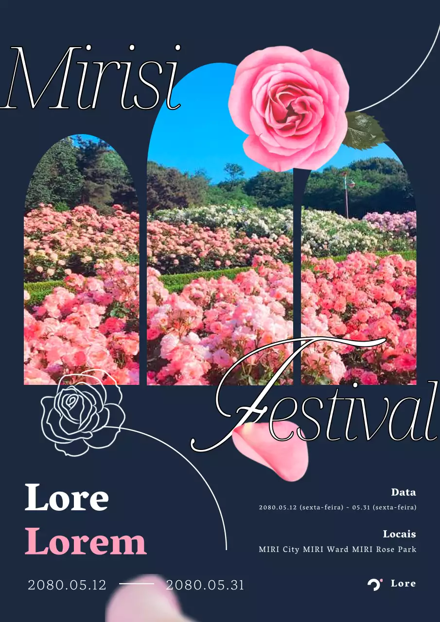 Cartaz promocional elegante do Rose Festival em azul-marinho e cor-de-rosa
