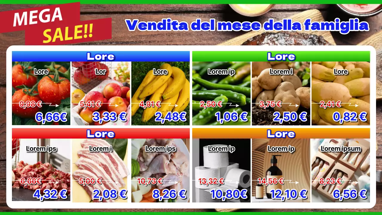 Promuovere i volantini retrò rossi e blu dei negozi di alimentari