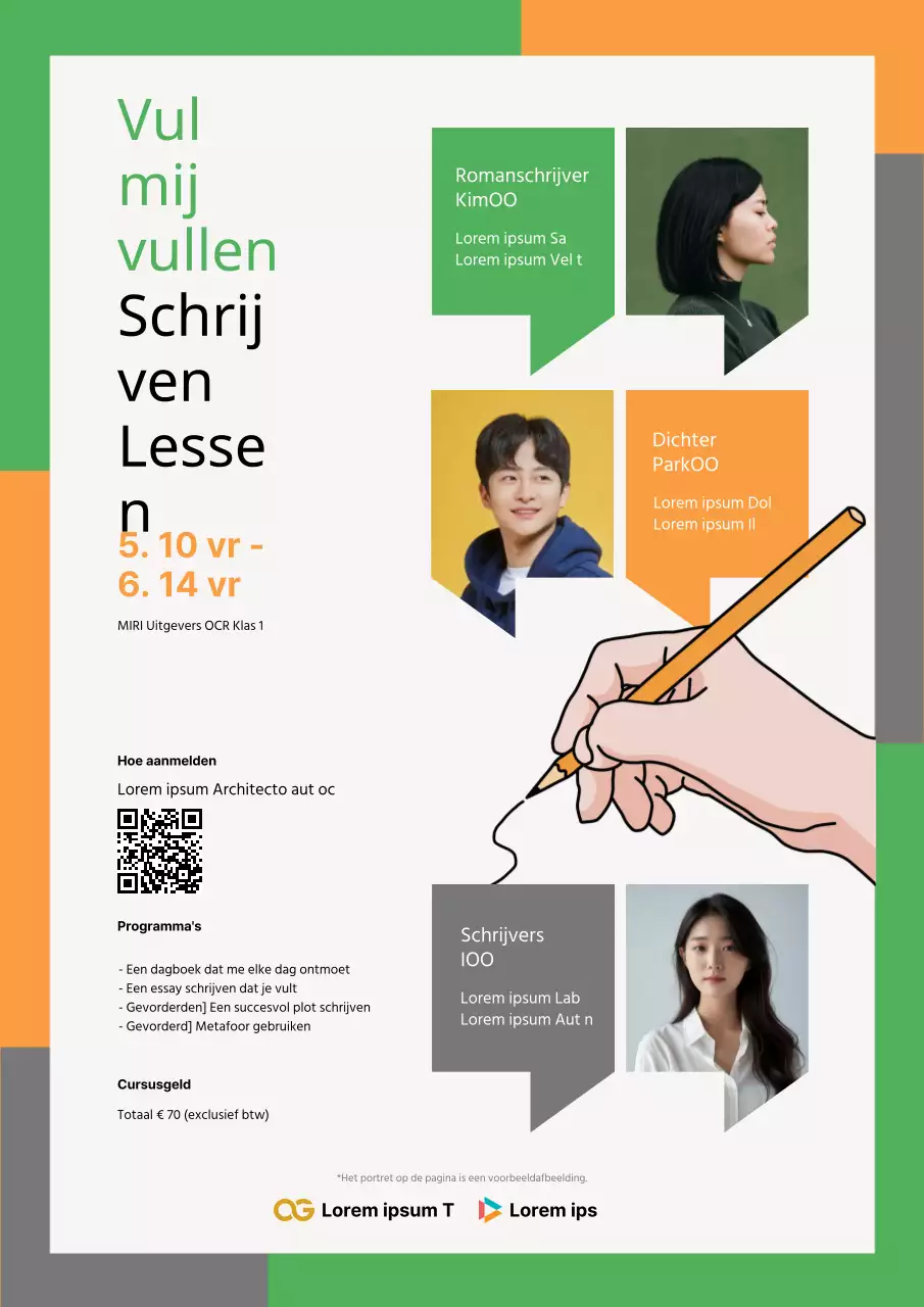Een moderne flyer voor schrijflessen in groen en oranje.