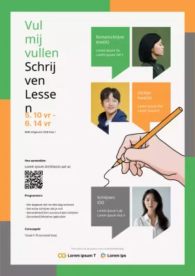 Een moderne flyer voor schrijflessen in groen en oranje.