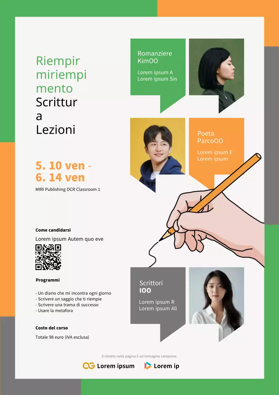 Volantino di un corso di scrittura moderno in verde e arancione.