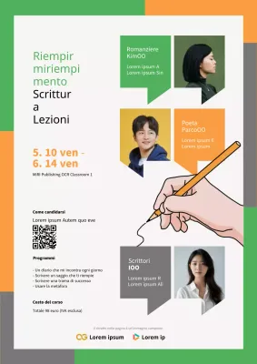 Volantino di un corso di scrittura moderno in verde e arancione.