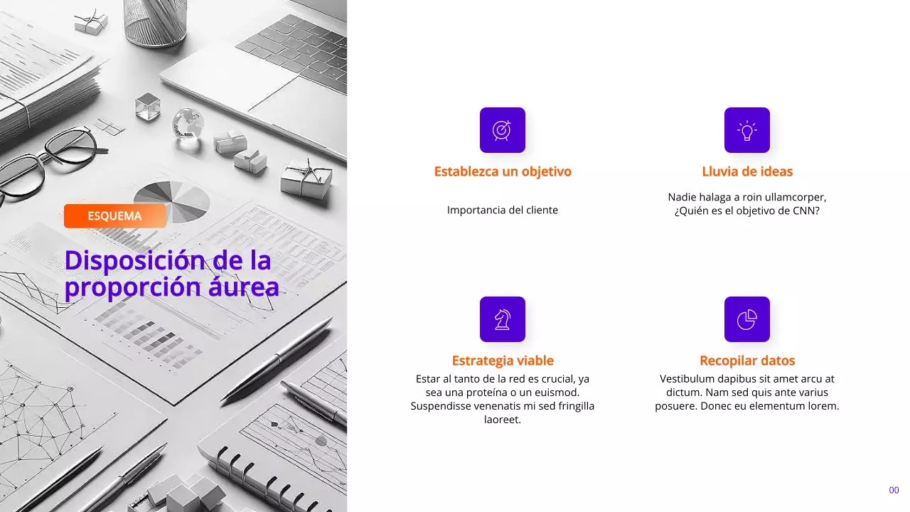 Páginas de informes de marketing modernas en añil y naranja con varios diseños