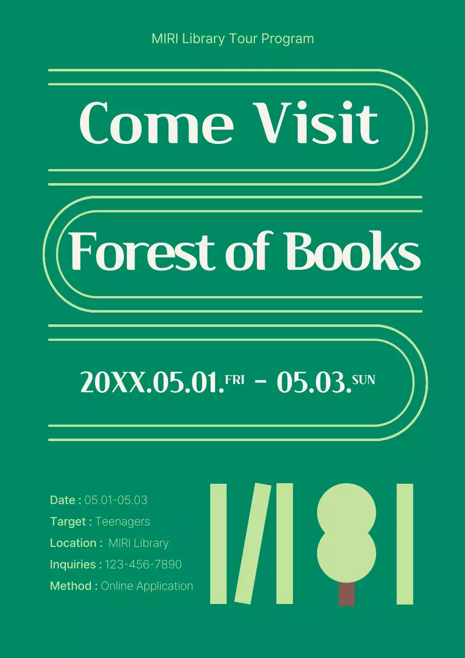 A simple green and lime green library tour announcement