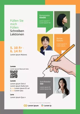 Ein moderner Flyer für einen Schreibkurs in Grün und Orange.