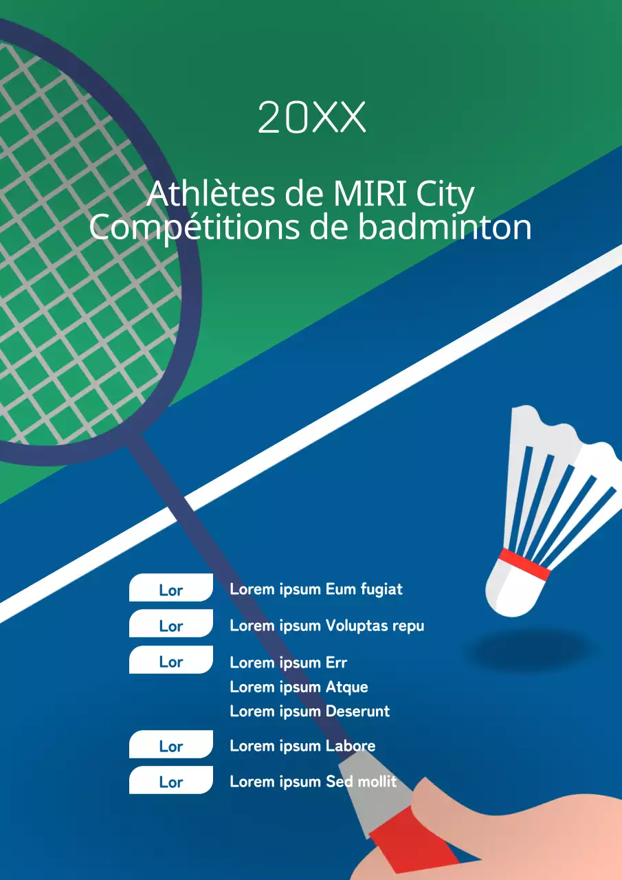 Un simple dépliant promotionnel bleu et blanc pour un tournoi de badminton