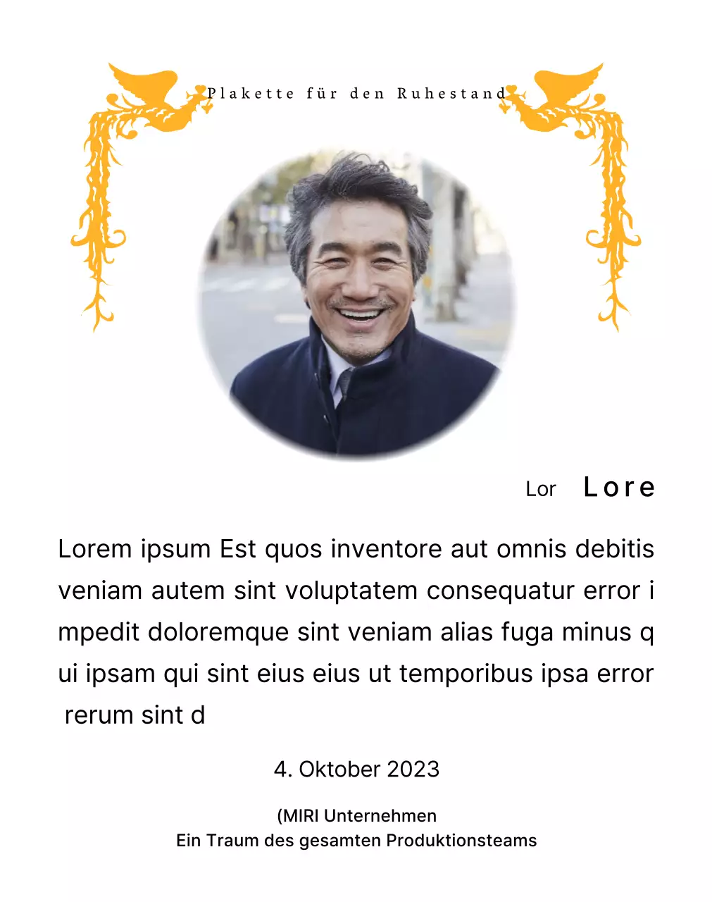 Ein Ruhestandsdesign mit einer farbenfrohen Phönix-Illustration und einem runden Foto.