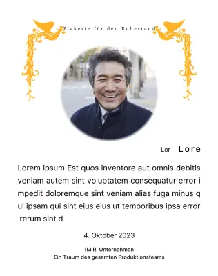 Ein Ruhestandsdesign mit einer farbenfrohen Phönix-Illustration und einem runden Foto.