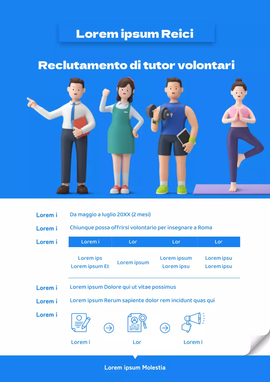 Volantino semplice per il reclutamento di volontari in bianco e blu