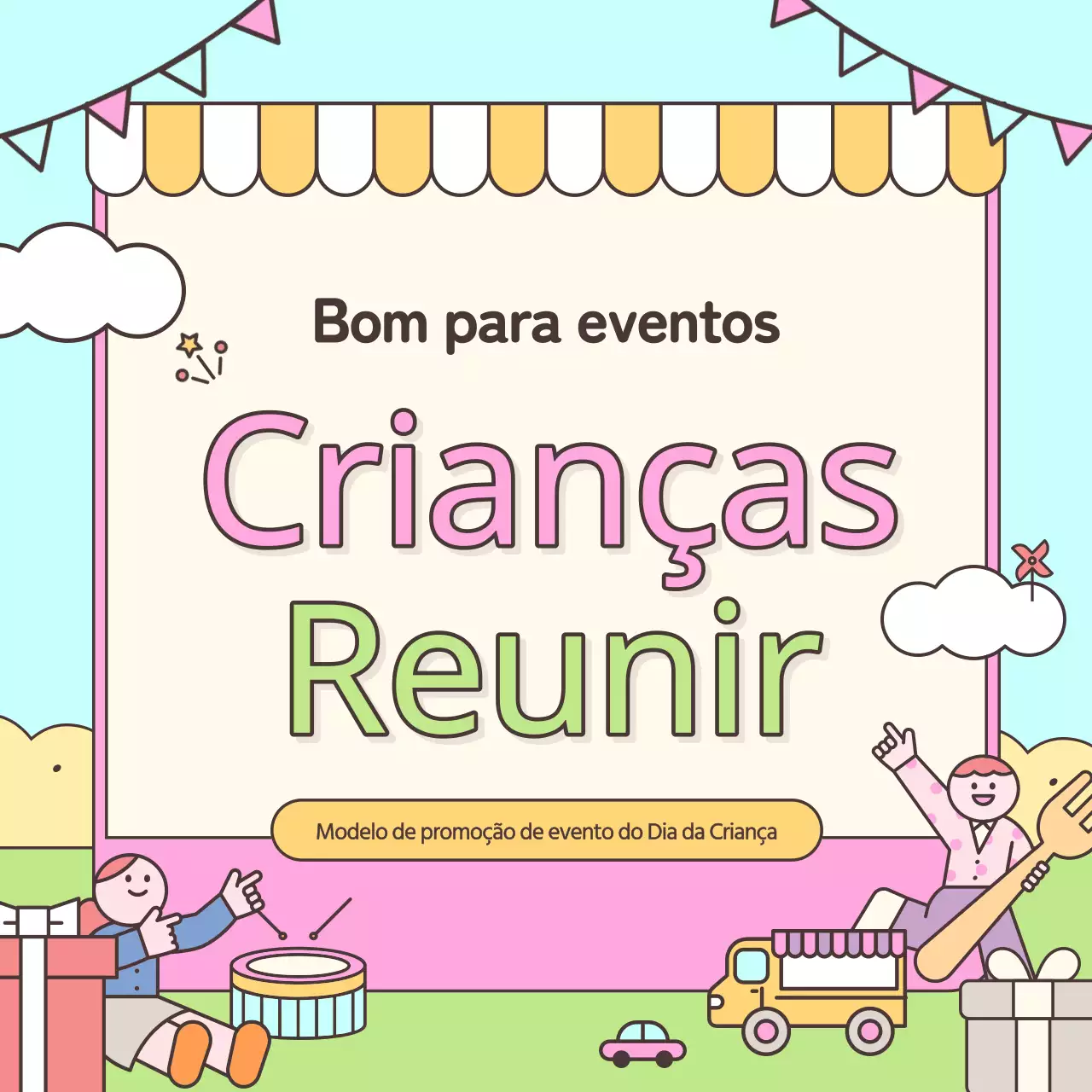 Promover um evento kitsch do Dia da Criança em cor-de-rosa e chartreuse