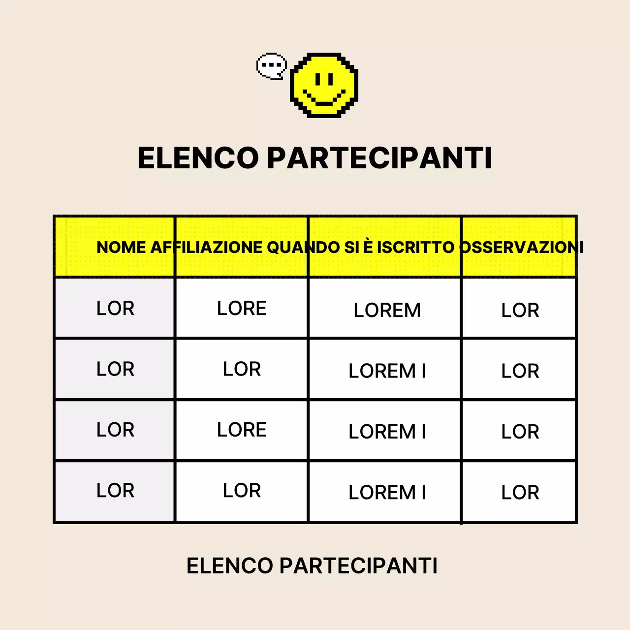 Annuncio dell'uso di tavoli semplici in giallo e avorio