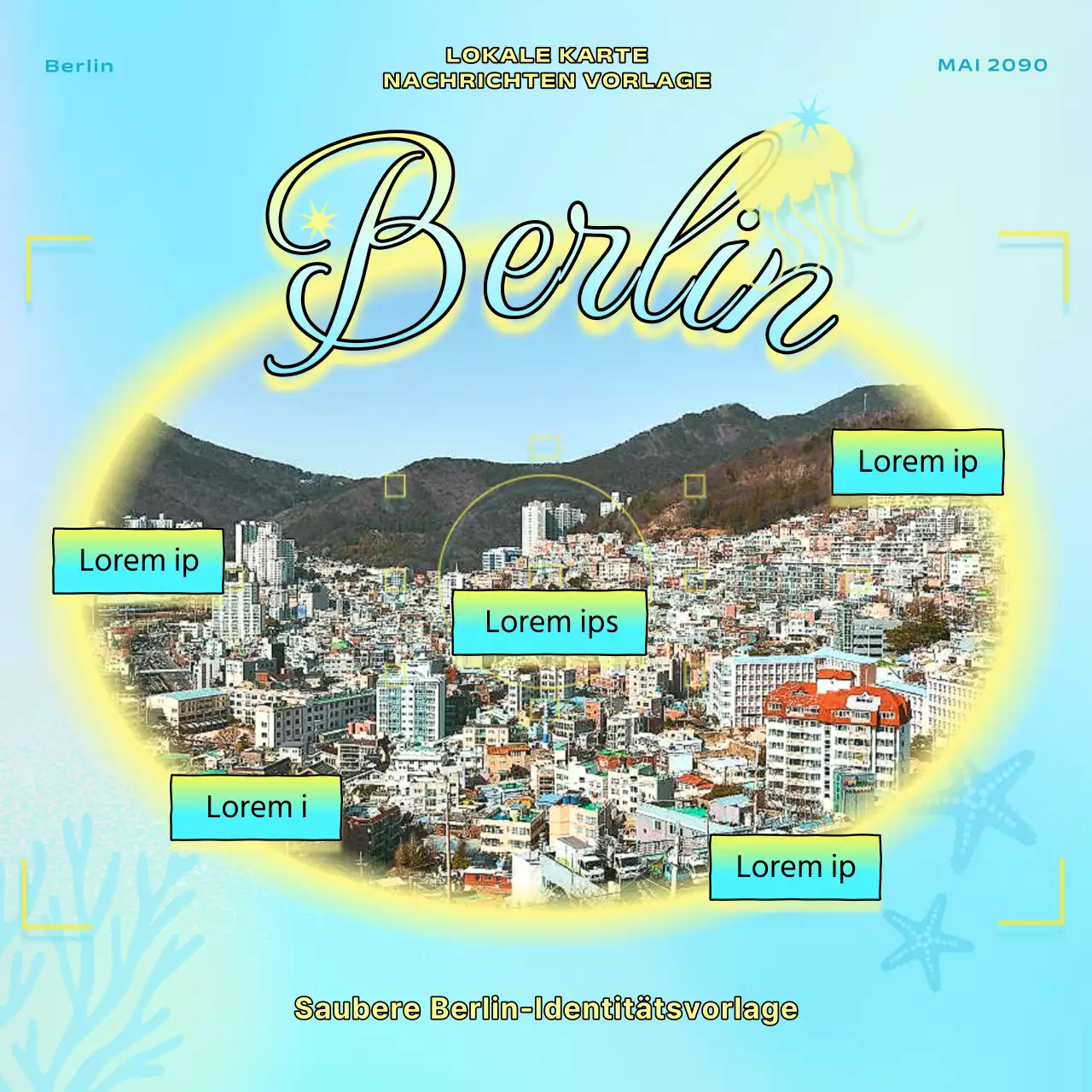 Leitpfosten für das Stadtviertel Busan mit gelben und hellblauen Akzenten