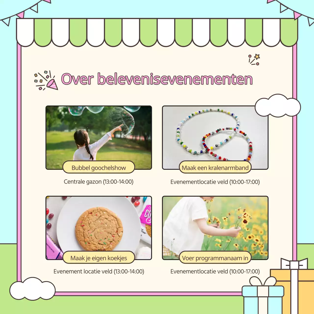 Promoot een kitscherig evenement op kinderdag in roze en chartreuse kleuren