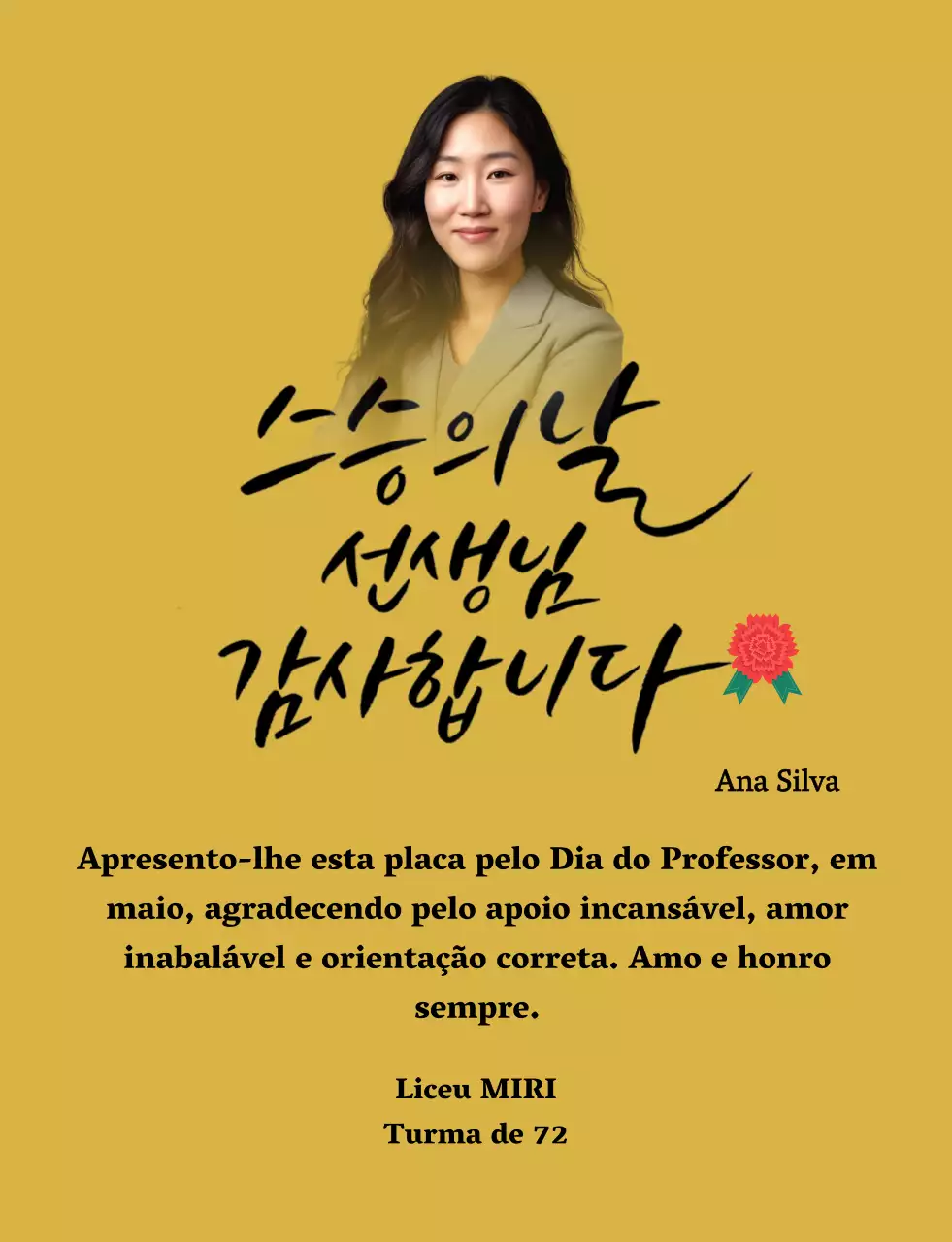 Uma nota de agradecimento colorida para o Dia do Professor com ilustração de cravos, caligrafia e fotografia