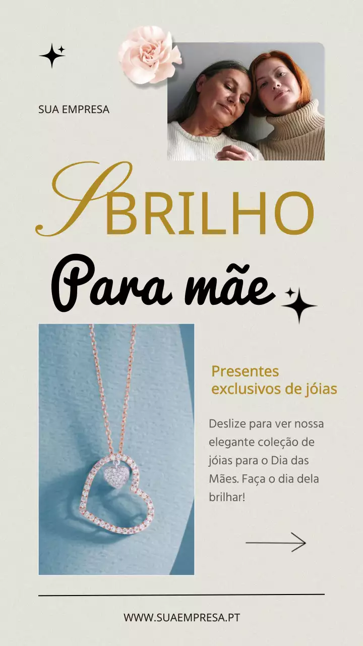Promoção de jóias exclusivas elegantes em bege e dourado para a mãe