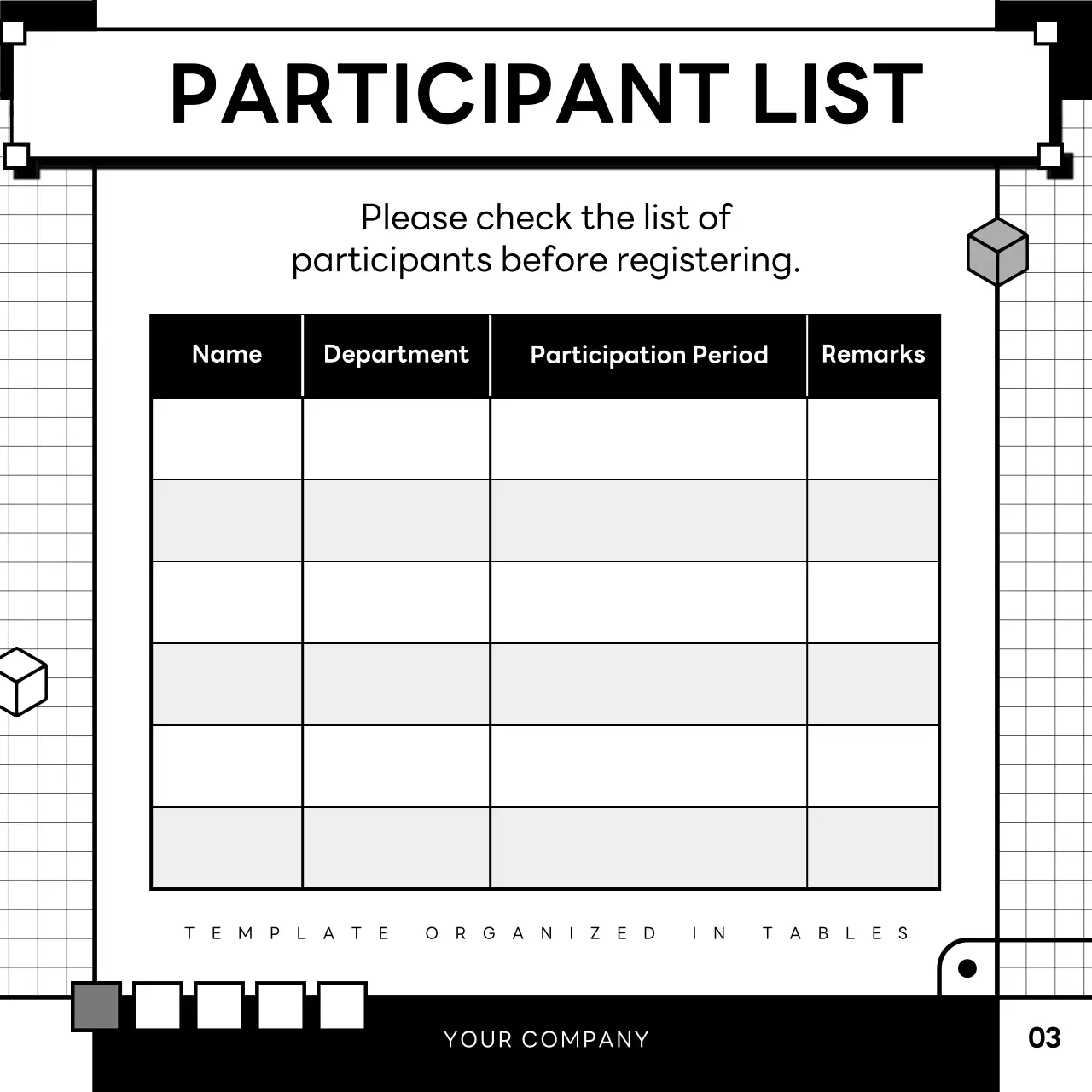 A simple black and white table guide